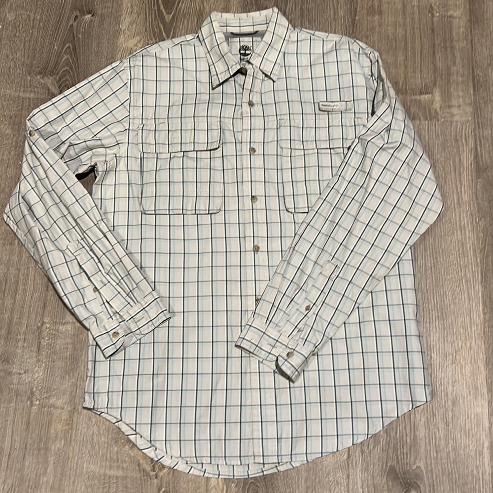 Timberland Tan, Blue and White Button Down Shirt
